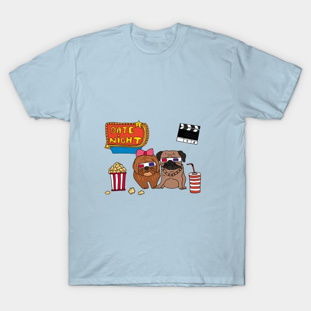 Pug and Terrier with 3D Glasses Movie Night T-Shirt by Anke Wonder 